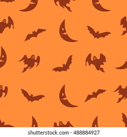 Vector orange Halloween background with ghosts, bats and moon. Seamless holiday pattern.
