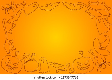 Vector orange halloween background with place for text and such elements like pumpkin, bats, witch hat, ghost, bones, spiders, brum, cauldron.