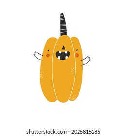 Halloween de naranja vectorial adorable calabaza graciosa sobre un fondo blanco. Cuto dibujo de carácter espeluznante de caricatura. Diseño de vectores para tarjetas de felicitación e invitación a fiestas de otoño, halloween.