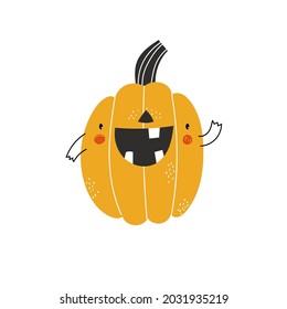 Halloween de naranja vectorial adorable calabaza graciosa sobre un fondo blanco. Cuto dibujo de carácter espeluznante de caricatura. Diseño de vectores para tarjetas de felicitación e invitación a fiestas de otoño, halloween.
