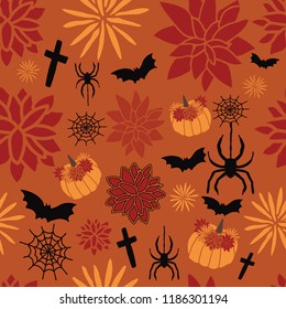 Vector Orange Halloween Elements Textured Pattern Background. Perfect for fabric, wallpaper, scrapbooking and stationery projects and digital design projects.