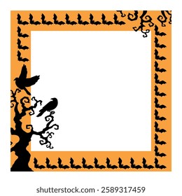 Vector orange Halloween Frame with bats and ravens and scary trees