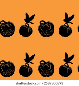 Vector orange Halloween seamless pattern with black Ravens on Pumpkins. Spooky seamless pattern	