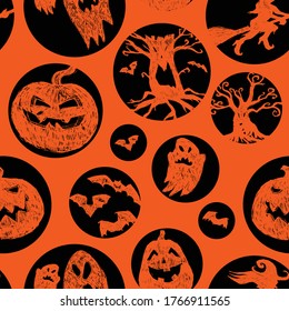 Vector orange hand drawn halloween spooky silhouettes in circles repeat pattern. Suitable for invitation card, halloween party poster or gift wrap.