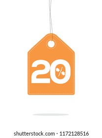 Vector orange hanging price tag label with 20% and a maple leaf percent design text on it and with shadow on white background. For autumn sale campaigns.

