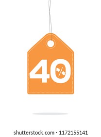 Vector orange hanging price tag label with 40% and a maple leaf percent design text on it and with shadow on white background. For autumn sale campaigns.
