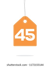 Vector orange hanging price tag label with 45% and a maple leaf percent design text on it and with shadow on white background. For autumn sale campaigns.
