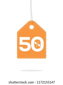 Vector orange hanging price tag label with 50% and a maple leaf percent design text on it and with shadow on white background. For autumn sale campaigns.
