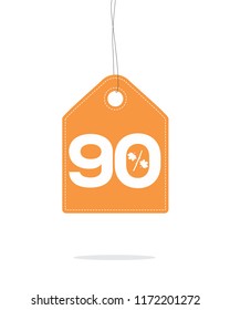 Vector orange hanging price tag label with 90% and a maple leaf percent design text on it and with shadow on white background. For autumn sale campaigns.
