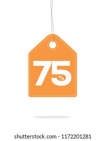 Vector orange hanging price tag label with 75% and a maple leaf percent design text on it and with shadow on white background. For autumn sale campaigns.
