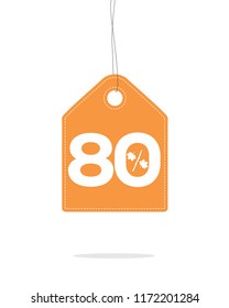 Vector orange hanging price tag label with 80% and a maple leaf percent design text on it and with shadow on white background. For autumn sale campaigns.
