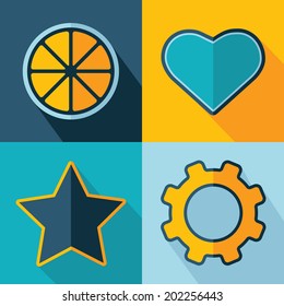 Vector orange heart star gear color flat icons. Eps10