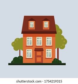 Casa vectorial naranja con ventanas y una puerta rodeada de arbustos y árboles.