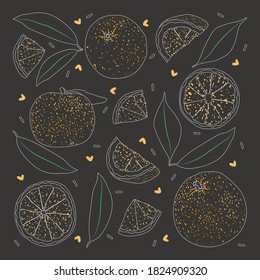 Naranja vectorial. Ilustración de la eaceplina y cortada en piezas enteras en vintage. Dibujo con tiza de color.