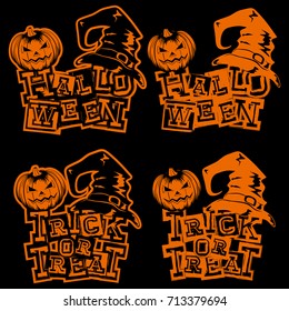 Vector orange illustration grunge lettering halloween and trick or tread and jack-o-lantern pumpkin and witch hat set. 