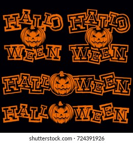 Vector orange illustration grunge lettering halloween and jack-o-lantern pumpkin set for black background. 