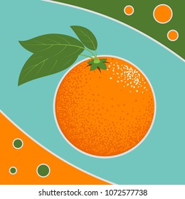 Vector Orange Isolated on a Blue Background. Fresh Illustration. Stylized Orange with Green Petals in Hipster Style. Delicious Citrus Fruit for Banner, Template, Illustration, Advertising, Card.