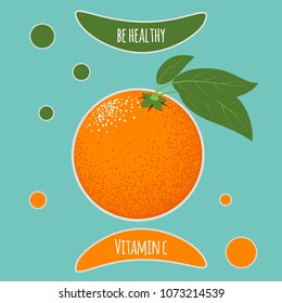 Vector Orange Isolated on a Blue Background. Fresh Illustration. Stylized Orange with Green Petals in Hipster Style. Delicious Citrus Fruit for Banner, Template, Illustration, Advertising, Card.