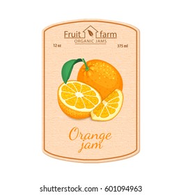 Vector orange jam lable. Composition of tropical orange fruits. Design of a sticker for a jar with orange jam, fruit marmalade, juice, smoothies. Sticker in a retro style with texture for your design.