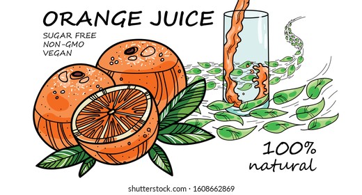 Vector orange juice concept with a glass with flowing liquid and flying leaves on the background