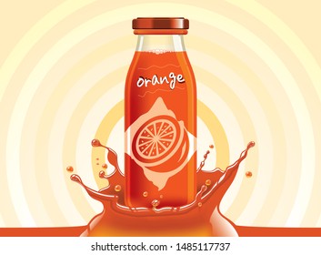 Vector orange juice, fruit glass bottle with drop splash