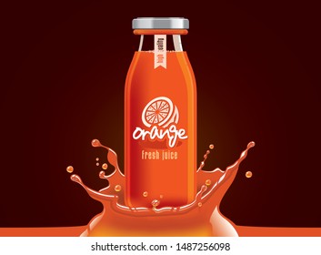 Vector orange juice, fruit glass bottle with drop splash