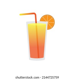 Zumo de naranja vectorial con paja, vaso de bebida con una rebanada de fruta en un estilo plano