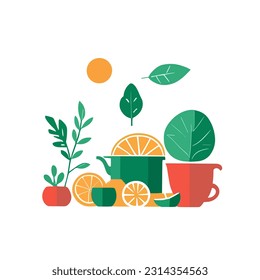 Vektor-Orangensaft im Sommer, frische Orangen, Flachgrafik