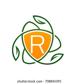 Vector Orange Leaf Vitamin Shield Letter R Logo