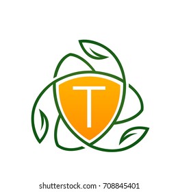 Vector Orange Leaf Vitamin Shield Letter T Logo