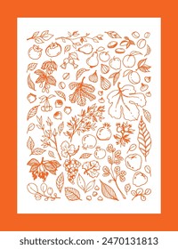 Vector orange linear illustration of different Garden Fruits, leaves, tree branches