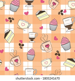 Vector Orange Love Coffee and Cake Collection fondo de patrón de repetición sin problemas