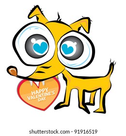  Vector orange lovely cartoon dog with heart on white. Creative St. Valentine's Day greeting card.