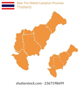 Vector orange map of Mae Tha District It is a district of Lamphun Province. with separate boundary lines