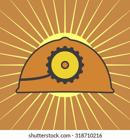 Vector orange mine helmet with a lamp over yellow sunrise rays. Element for your design, safety posters and other industrial projects.