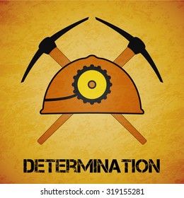 Vector orange mine helmet with a lamp and picks over yellow grunge background. Element for your design, safety posters and other industrial projects.