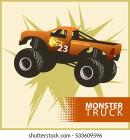 Vector orange monster truck with flames on white and olive background with the inscription