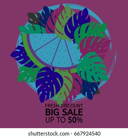 Vector orange and monstera leaves, blue frame on pink. Orange slice and magenta, green, blue tropical leaves sale 50% banner, round botanical border, crazy colours. Discount floral poster background.