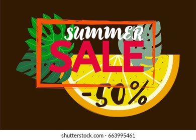 Vector orange and monstera leaves, orange frame on brown. Orange slice, tropical leaves summer sale 50% banner, round botanical border, floral design. Discount poster background, trendy exotic frame.