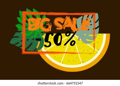 Vector orange and monstera leaves, orange frame on brown. Orange slice and tropical leaves big sale 50% banner, round botanical border, floral design. Discount poster background, trendy exotic frame.