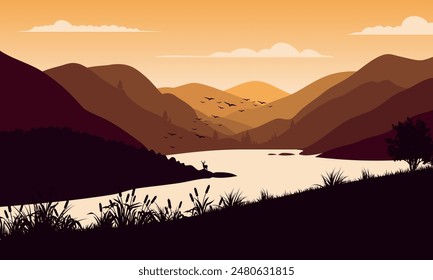 Vector orange mountain landscape with clean sky, birds flying, calm river and tree silhouettes