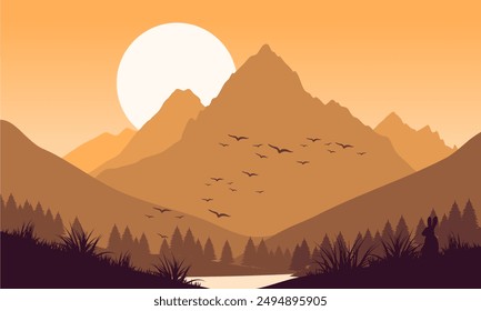 Vector orange mountain landscape with clean sky, calm river, birds flying and pine trees silhouettes