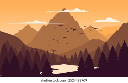 Vector orange mountain landscape with clean sky, calm river, birds flying and pine trees silhouettes