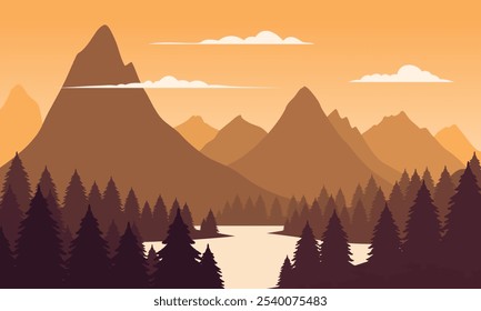 Vector orange mountain landscape with clean sky, calm river and pine trees silhouettes