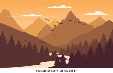 Vector orange mountain landscape with clean sky, calm river, birds flying and pine trees silhouettes