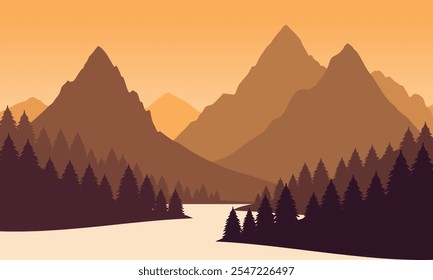 Vector orange mountain landscape with clean sky, calm river and pine trees silhouettes