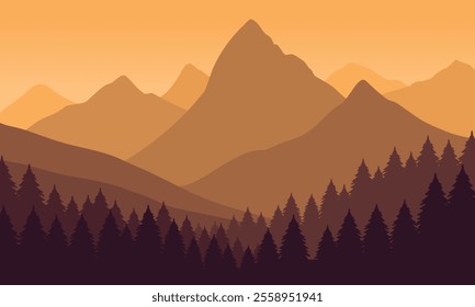 Vector orange mountain landscape with clean sky, calm river and pine trees silhouettes