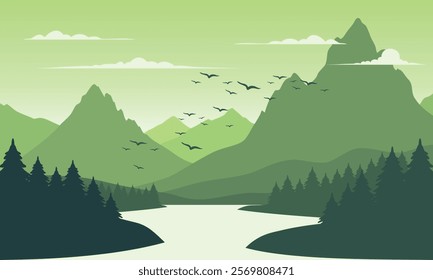 Vector orange mountain landscape with clean sky, calm river, birds flying and pine trees silhouettes