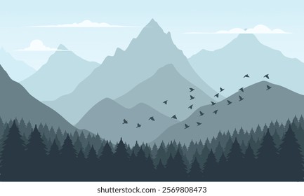 Vector orange mountain landscape with clean sky, calm river, birds flying and pine trees silhouettes