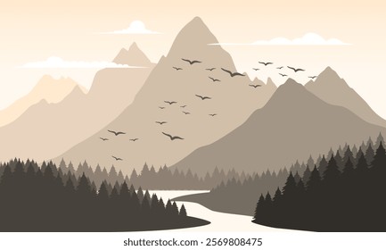 Vector orange mountain landscape with clean sky, calm river, birds flying and pine trees silhouettes